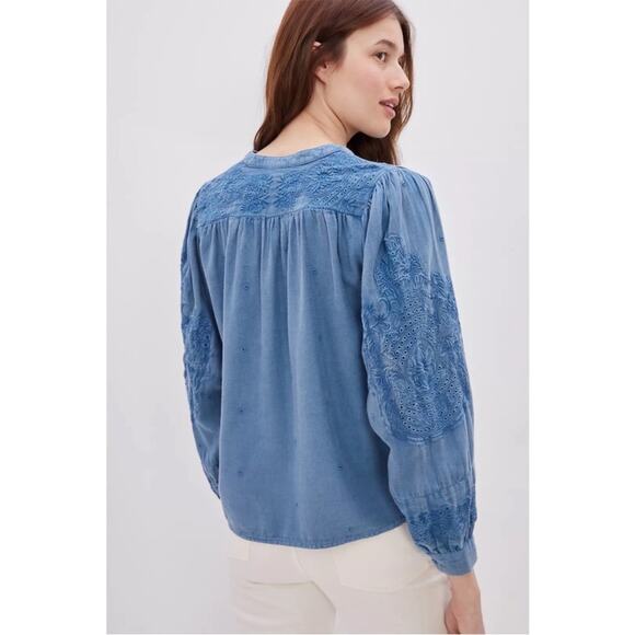 Anthropologie Seen Worn Kept Embroidered Cotton Flare-Sleeve Blouse Blue Size 4 - Picture 4 of 15